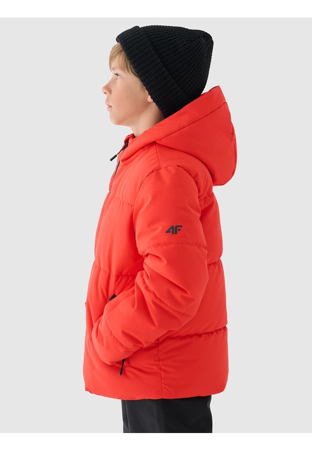 4f - 4F Kurtka narciarska membrana 5000 chłopięca - czerwona 128 (7-8 lat). Okazja: na co dzień. Typ kołnierza: kaptur. Kolor: czerwony. Materiał: materiał, tkanina, dzianina, poliester. Wzór: gładki. Sezon: lato. Styl: sportowy, klasyczny, casual
