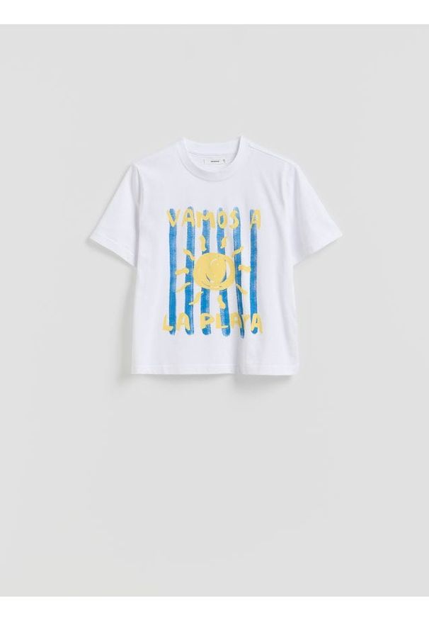 Reserved - T-shirt z nadrukiem - biały. Kolor: biały. Materiał: bawełna. Wzór: nadruk