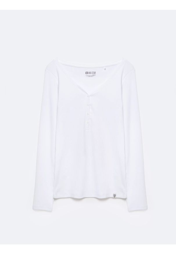 Big-Star - Bluzka damska z prążkowanej dzianiny biała Nathalie 101. Kolor: biały. Materiał: dzianina, prążkowany. Długość: długie. Wzór: kolorowy, aplikacja