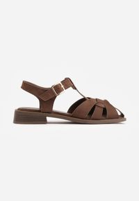 Born2be - Ciemnobrązowe Sandały VICES w Stylu Retro z Przeplatanymi Paskami Haidanassa. Okazja: na co dzień, do pracy. Zapięcie: pasek. Kolor: brązowy. Materiał: len. Wzór: paski. Sezon: lato. Styl: retro #9