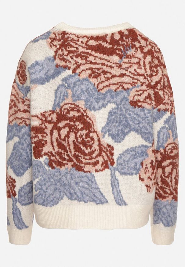 Born2be - Jasnobeżowy Sweter o Pudełkowym Kroju w Abstrakcyjny Wzór Przeszyty Metaliczną Nicią Savrielle. Okazja: na co dzień. Kolor: beżowy. Długość rękawa: długi rękaw. Długość: długie. Styl: klasyczny, elegancki, casual