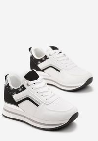 Born2be - Biało-Czarne Sznurowane Sneakersy na Płaskiej Podeszwie Zdobione Brokatem Gerine. Kolor: biały. Materiał: materiał. Wzór: aplikacja. Obcas: na płaskiej podeszwie #3