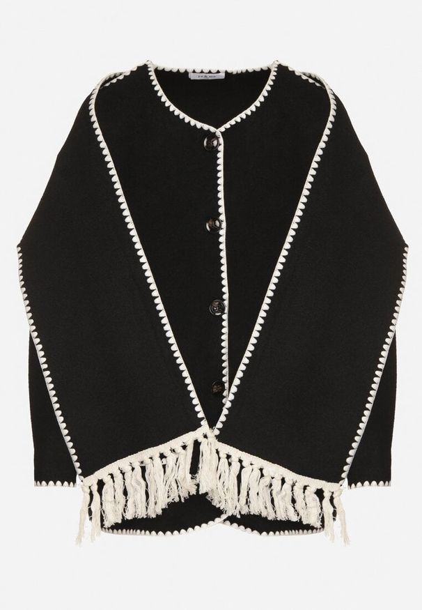 Born2be - Czarna Pudełkowa Kurtka z Ozdobnymi Przeszyciami i Szalikiem Salenalia. Okazja: na co dzień. Kolor: czarny. Materiał: jeans. Styl: casual, elegancki