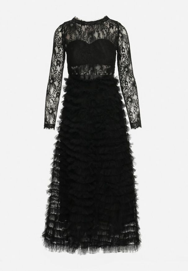 Born2be - Czarna Maxi Sukienka Rozkloszowana z Koronkową Górą i Tiulowymi Falbankami Firina. Typ kołnierza: kołnierz z falbankami. Kolor: czarny. Materiał: tiul, koronka. Długość: maxi