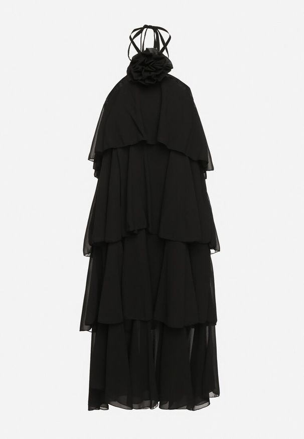 Born2be - Czarna Sukienka z Falbanami Wiązana na Szyi z Broszką Kwiatem Tinallena. Okazja: na co dzień. Kolor: czarny. Wzór: kwiaty. Styl: casual