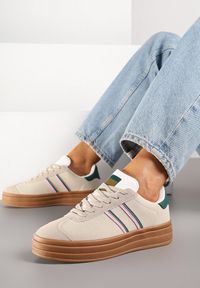 Born2be - Beżowo-Zielone Sneakersy na Platformie z Minimalistycznymi Przeszyciami Teritha. Nosek buta: okrągły. Zapięcie: sznurówki. Kolor: beżowy. Materiał: syntetyk, nubuk. Obcas: na platformie. Wysokość obcasa: niski #3