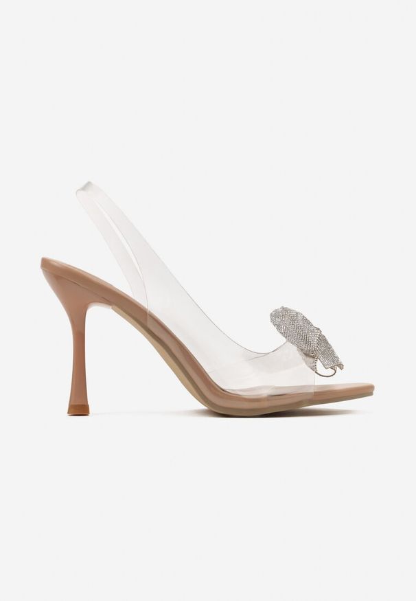Born2be - Beżowe Sandały na Szpilce z Transparentną Cholewką i Kokardką z Cyrkoniami Loopa. Kolor: beżowy. Obcas: na szpilce. Styl: elegancki