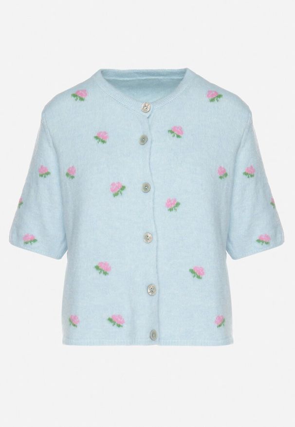 Born2be - Niebieski Sweter Kardigan z Krótkim Rękawem z Wełną w Ozdobny Print Korinelia. Okazja: na co dzień. Kolor: niebieski. Materiał: wełna. Długość rękawa: krótki rękaw. Długość: krótkie. Wzór: nadruk. Styl: elegancki, casual