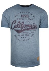 Brave Soul - T-Shirt Bawełniany Niebieski z Nadrukiem, Styl Vintage, CALIFORNIA, Okrągły Dekolt -BRAVE SOUL. Okazja: na co dzień. Kolor: niebieski. Materiał: bawełna. Wzór: nadruk. Styl: vintage #1