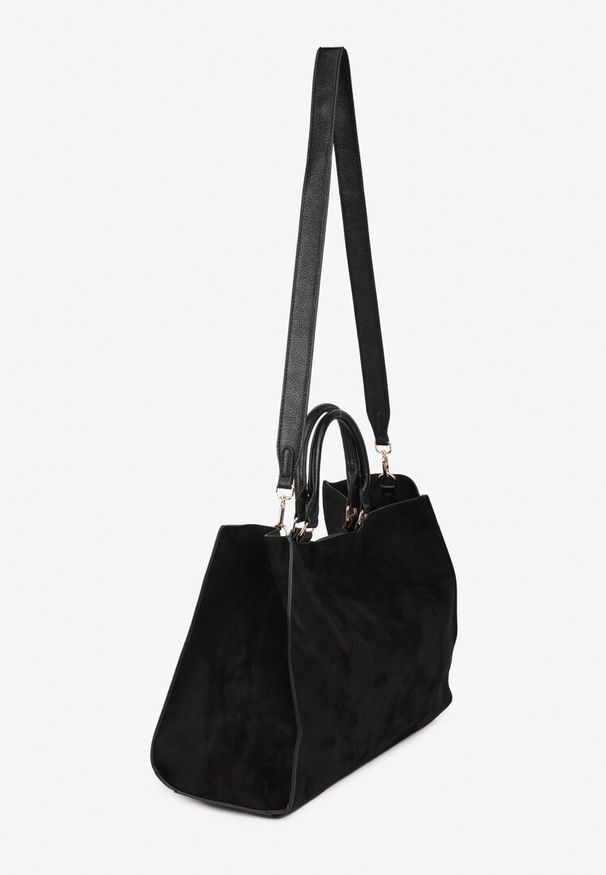 Renee - Czarna Torebka Typu Shopper z Imitacji Zamszu z Rączkami i Paskiem Crossbody Temige. Kolor: czarny. Materiał: zamszowe. Styl: casual, elegancki, biznesowy, klasyczny