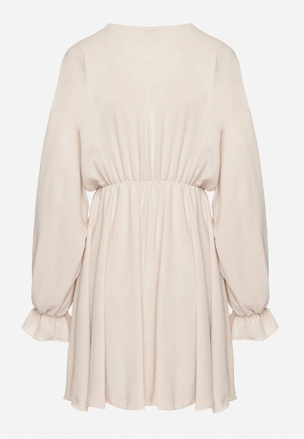 Born2be - Jasnobeżowa Sukienka o Rozkloszowanym Kroju z Ozdobnymi Mankietami Terellea. Okazja: na co dzień. Kolor: beżowy. Materiał: jeans. Długość rękawa: długi rękaw. Styl: casual, elegancki, klasyczny