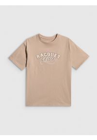 4f - 4F T-shirt oversize z nadrukiem dziewczęcy - beżowy 122/128 (6-8 lat). Okazja: na co dzień. Kolor: beżowy. Materiał: bawełna, dzianina. Wzór: nadruk. Sezon: lato. Styl: casual #1