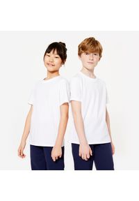 DOMYOS - Koszulka z krótkim rękawem dziecięca Domyos. Kolor: biały. Materiał: materiał, bawełna, tkanina, prążkowany. Długość rękawa: krótki rękaw. Długość: krótkie