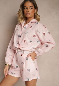 Renee - Różowy Komplet z Wiskozą Koszula i Szorty w Morski Print Reisoria. Kolor: różowy. Materiał: wiskoza. Wzór: nadruk