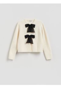 Reserved - Kardigan z kokardkami - kremowy. Typ kołnierza: kokarda. Kolor: kremowy. Materiał: dzianina #1
