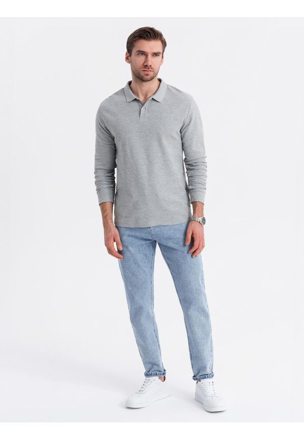 Ombre Clothing - Męski longsleeve z kołnierzykiem polo BASIC – szary melanż V4 - Rozmiar: S. Okazja: na co dzień, do pracy. Typ kołnierza: polo. Kolor: szary. Materiał: dzianina, bawełna. Długość rękawa: długi rękaw. Wzór: melanż. Styl: casual, elegancki