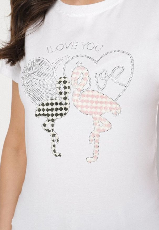 Born2be - Biały T-shirt z Bawełny z Cyrkoniami i Nadrukiem Listebia. Okazja: na co dzień. Kolor: biały. Materiał: bawełna. Wzór: nadruk. Styl: casual, klasyczny