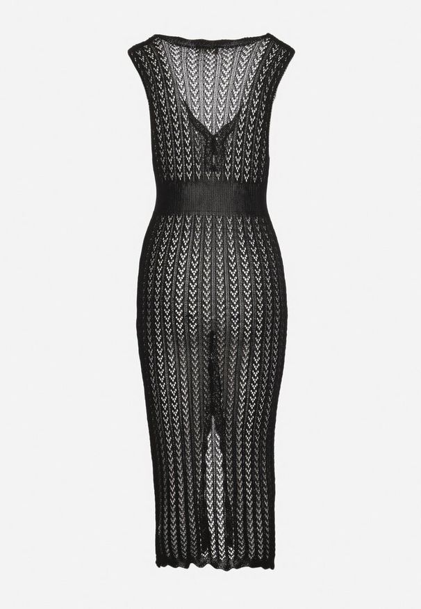 Born2be - Czarna Plażowa Sukienka Bodycon z Ażurowej Tkaniny Zapinana na Guziki Kyren. Okazja: na plażę. Typ kołnierza: dekolt w kształcie V. Kolor: czarny. Materiał: tkanina. Długość rękawa: bez rękawów. Wzór: ażurowy. Sezon: lato. Typ sukienki: bodycon