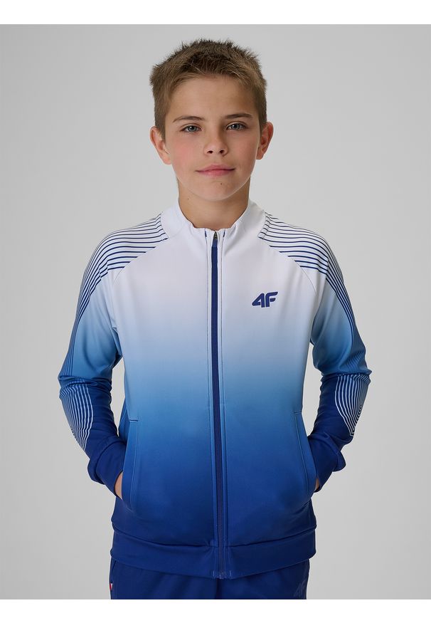 4f - 4F Bluza sportowa regular bez kaptura chłopięca - niebieska 122/128 (6-8 lat). Typ kołnierza: bez kaptura. Kolor: wielokolorowy. Materiał: materiał, dresówka. Długość rękawa: raglanowy rękaw. Sezon: lato. Sport: pływanie, fitness