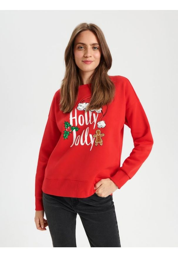 Sinsay - Bluza - czerwony. Kolor: czerwony. Materiał: dzianina. Wzór: nadruk. Styl: wizytowy