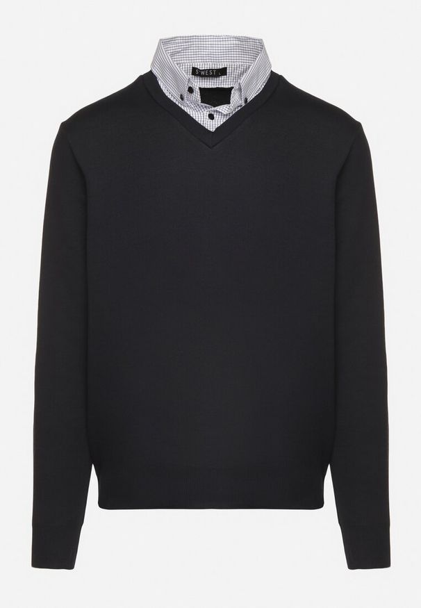 Born2be - Granatowy Sweter z Wełną i Koszulowym Kołnierzykiem Espirra. Okazja: na spotkanie biznesowe, do pracy, na co dzień. Typ kołnierza: kołnierzyk koszulowy. Kolor: niebieski. Materiał: wełna. Styl: biznesowy, casual, elegancki