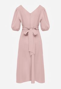 Born2be - Różowa Elegancka Sukienka z Bufiastymi Rękawami i Wiązaniem na Plecach Zeepy. Kolor: różowy. Wzór: gładki. Styl: elegancki #3