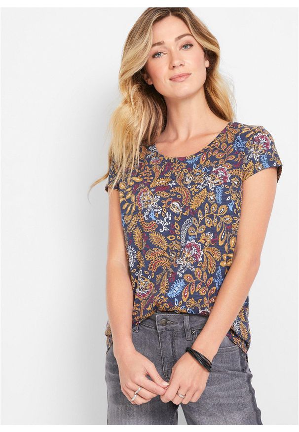 bonprix - T-shirt bawełniany z nadrukiem, krótki rękaw. Kolor: niebieski. Materiał: bawełna. Długość rękawa: krótki rękaw. Długość: krótkie. Wzór: nadruk