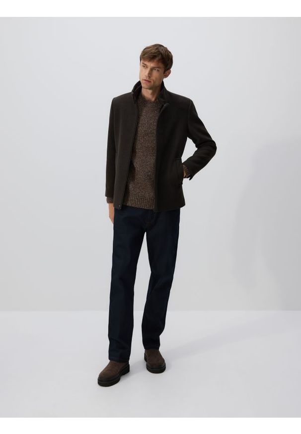 Reserved - Płaszcz z wełną - brązowy. Kolor: brązowy. Materiał: wełna