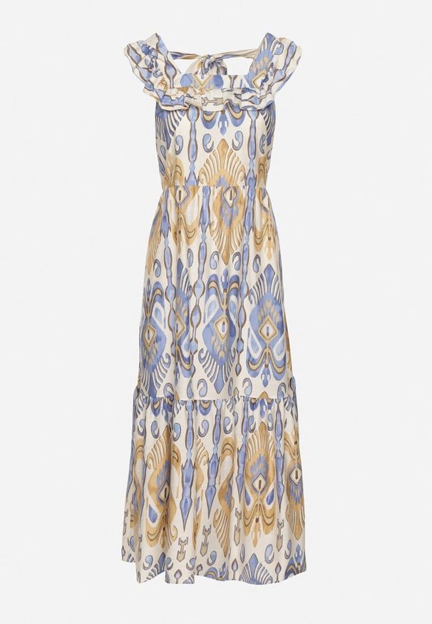 Born2be - Niebieska Rozkloszowana Sukienka z Wiskozą Wiązana na Plecach w Print Boho Turielia. Okazja: na spacer. Kolor: niebieski. Materiał: wiskoza. Długość rękawa: na ramiączkach. Wzór: nadruk. Sezon: lato. Styl: boho