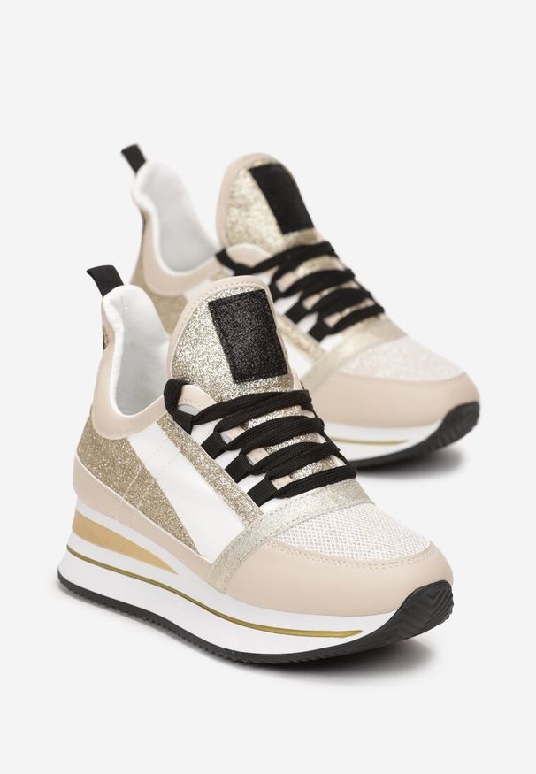 Renee - Beżowe Płaskie Sneakersy na Grubej Podeszwie ze Sznurowaniem Ozdobione Brokatem Krisfina. Kolor: różowy. Materiał: materiał. Wzór: aplikacja