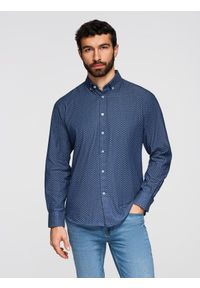 Ombre Clothing - Wzorzysta męska koszula z cienkiego jeansu z kieszonką – niebieska V2 - Rozmiar: L. Okazja: na co dzień. Kolor: niebieski. Materiał: jeans. Wzór: gładki. Styl: klasyczny, casual #1