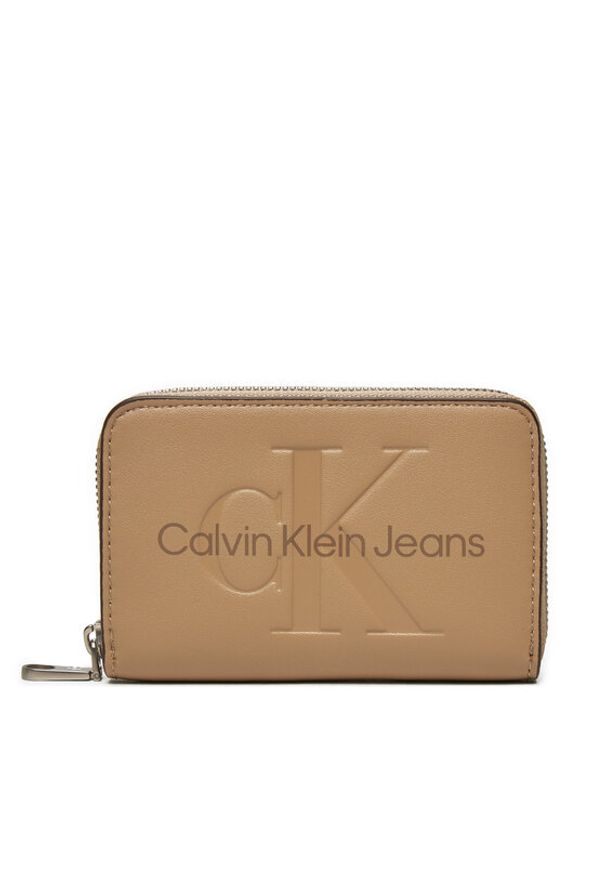 Calvin Klein Jeans Mały Portfel Damski Zip Around Mono K60K612255 Beżowy. Kolor: beżowy. Materiał: skóra