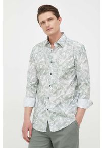 BOSS koszula męska kolor turkusowy slim z kołnierzykiem włoskim. Typ kołnierza: kołnierzyk włoski. Kolor: turkusowy. Materiał: tkanina #2