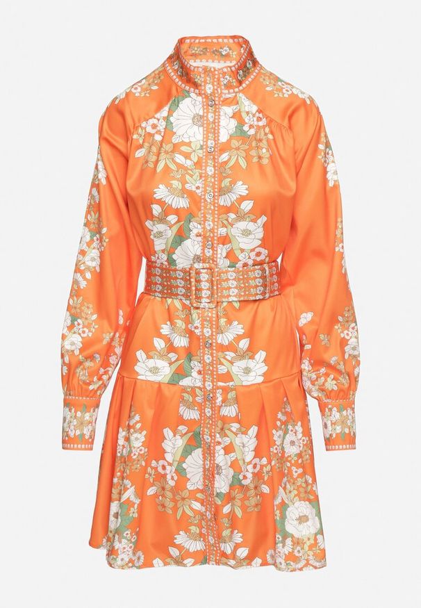 Born2be - Pomarańczowa Sukienka Koszulowa w Kwiatowy Wzór z Bufiastymi Rękawami i Paskiem Aladira. Okazja: na co dzień. Kolor: pomarańczowy. Wzór: kwiaty. Typ sukienki: koszulowe. Styl: casual, elegancki