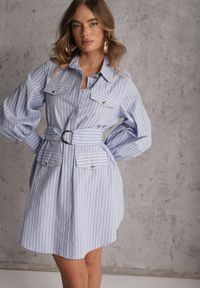 Renee - Niebieska Koszulowa Sukienka z Bawełny z Paskiem w Stylu Soft Utility Effiara. Kolor: niebieski. Materiał: bawełna. Wzór: paski. Typ sukienki: koszulowe #3