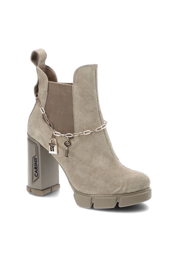 Beżowe Botki Carinii Damskie Eleganckie Buty Na Słupku. Kolor: beżowy. Obcas: na słupku. Styl: elegancki