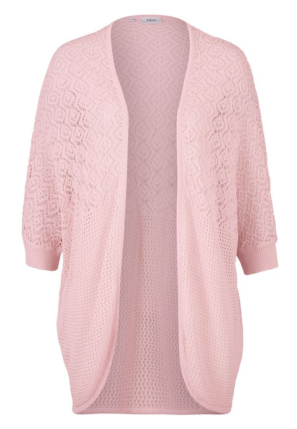 Sweter bez zapięcia bonprix pastelowy jasnoróżowy. Kolor: różowy. Długość rękawa: krótki rękaw. Długość: krótkie. Wzór: ażurowy
