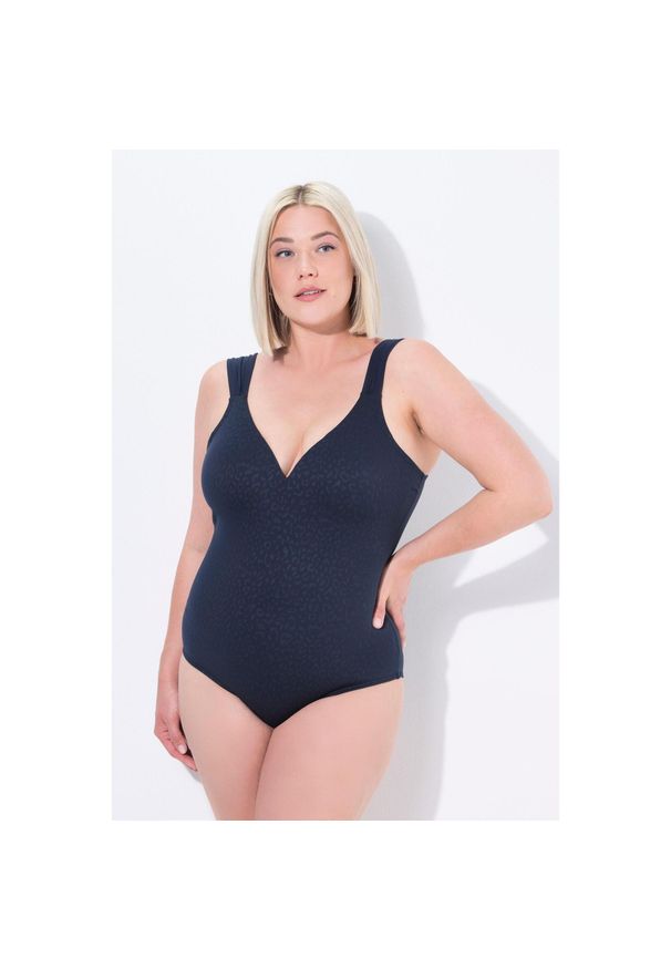 ULLA POPKEN - Damski Strój kąpielowy żakard w panterkę miękkie miseczki. Kolekcja: plus size. Kolor: niebieski. Materiał: poliester, elastan, poliamid, materiał. Wzór: motyw zwierzęcy