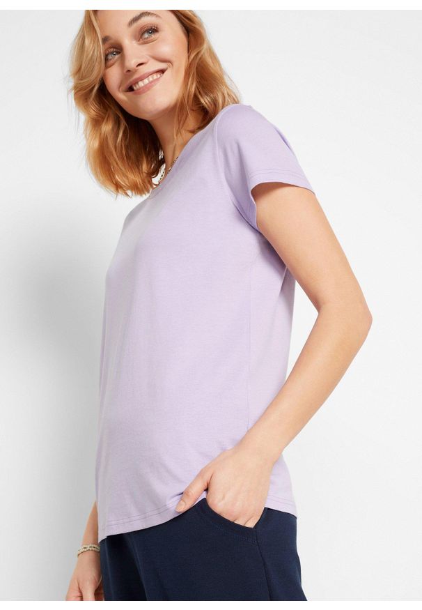 bonprix - Bluzka z okrągłym dekoltem (5 szt.). Kolor: fioletowy. Materiał: jersey. Długość rękawa: krótki rękaw. Długość: krótkie