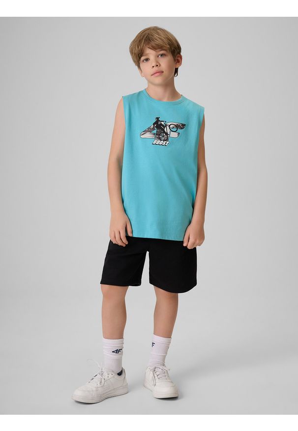 4f - 4F Koszulka bez rękawów regular z nadrukiem chłopięca - niebieska 140 (9-10 lat). Kolor: niebieski. Materiał: materiał, bawełna, dzianina. Długość rękawa: bez rękawów. Wzór: nadruk. Sezon: lato