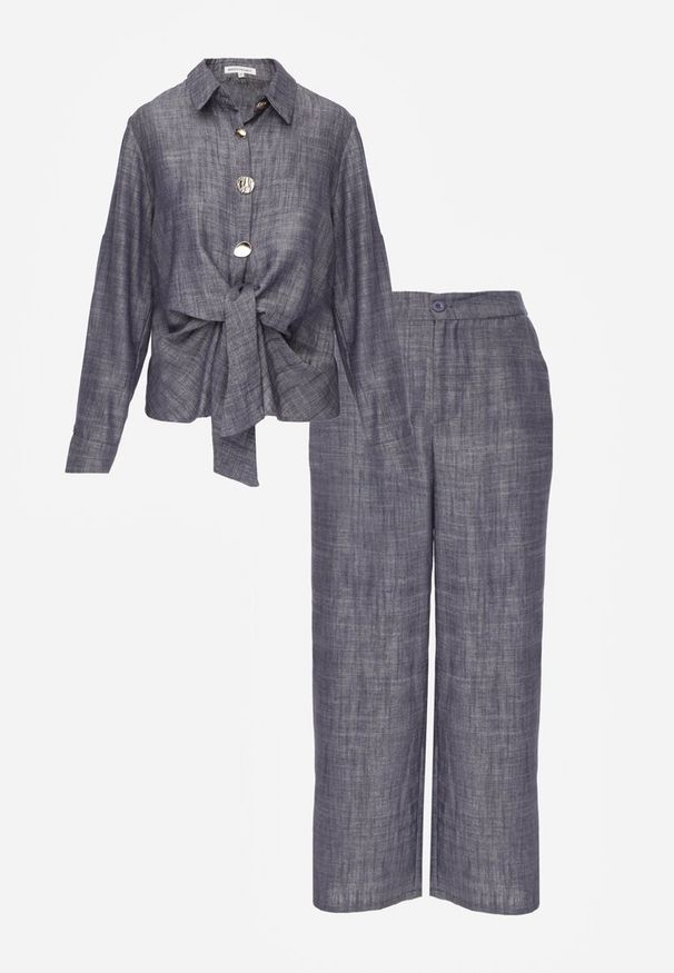 Renee - Niebieski Komplet z Wiskozą Bawełną i Lnem Wiązana Koszula i Szerokie Spodnie Ravisela. Kolor: niebieski. Materiał: wiskoza, bawełna, len