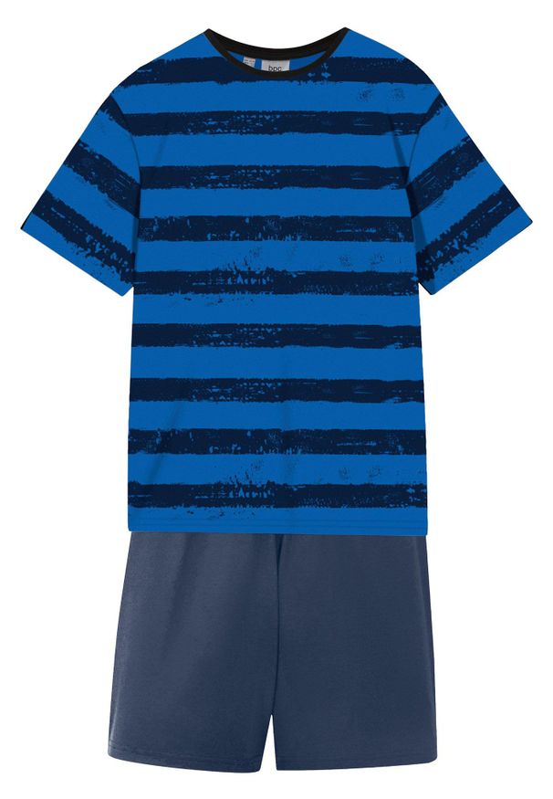 bonprix - Piżama z krótkimi spodniami z miękką bawełną (4 części). Kolor: niebieski. Materiał: bawełna. Długość: krótkie. Wzór: nadruk, aplikacja, paski