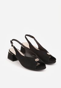 Born2be - Czarne Sandały na Obcasie ze Skórzaną Wkładką i Cyrkoniami Vylyra. Okazja: na co dzień. Zapięcie: sprzączka. Kolor: czarny. Materiał: skóra. Wzór: aplikacja. Obcas: na obcasie. Styl: casual, klasyczny. Wysokość obcasa: średni #2