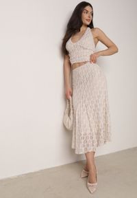 Born2be - Beżowy Koronkowy Komplet Top Wiązany na Szyi i Spódnica Corinatea. Kolor: beżowy. Materiał: koronka #1
