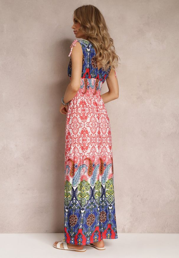 Renee - Czerwono-Granatowa Sukienka Maxi w Stylu Boho z Gumką w Pasie Bernette. Kolor: czerwony. Styl: boho. Długość: maxi