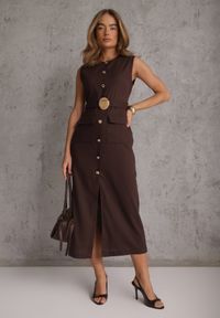 Renee - Brązowa Sukienka z Wiskozą i Lnem w Eleganckim Stylu z Paskiem z Ozdobą Coritia. Kolor: brązowy. Materiał: wiskoza, len. Długość rękawa: bez rękawów. Wzór: aplikacja. Sezon: lato. Typ sukienki: dopasowane. Styl: elegancki #4