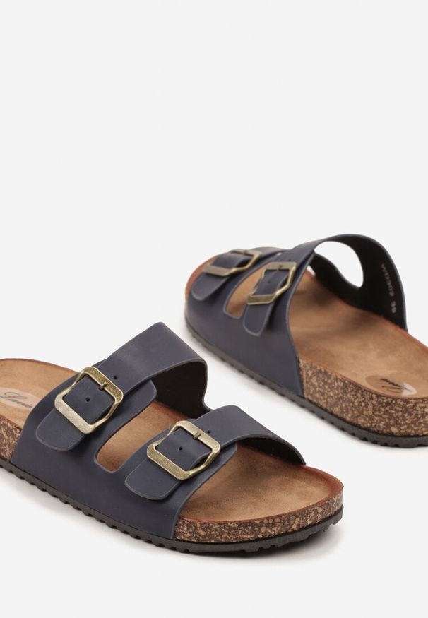 Renee - Granatowe Klapki z Dwoma Paskami i Klamrami Tuvera. Okazja: na co dzień. Kolor: niebieski. Obcas: na obcasie. Styl: elegancki, casual. Wysokość obcasa: średni