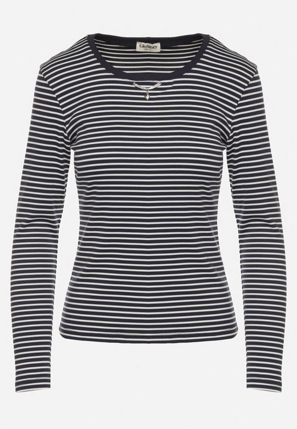 Born2be - Granatowa Bluzka Typu Longsleeve w Paski Ozdobiona Cyrkoniami Ralinella. Okazja: na co dzień. Kolor: niebieski. Materiał: jeans. Długość rękawa: długi rękaw. Wzór: aplikacja, paski. Styl: elegancki, casual, klasyczny