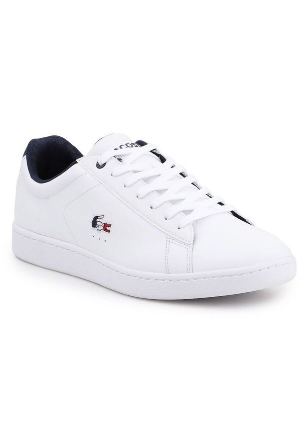 Buty lifestylowe Lacoste Carnaby Evo 119 M 7-37SMA0013407 białe granatowe. Okazja: na co dzień. Zapięcie: sznurówki. Kolor: wielokolorowy, niebieski, biały. Materiał: materiał, skóra, syntetyk. Szerokość cholewki: normalna. Styl: casual