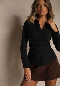 Renee - Czarna Marszczona Koszula z Bawełną Avenarie. Okazja: na spotkanie biznesowe. Kolor: czarny. Materiał: bawełna. Styl: klasyczny, biznesowy